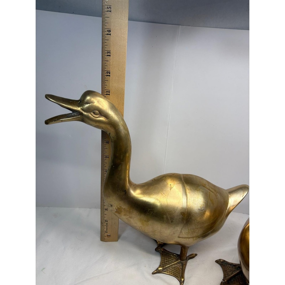 VTG Brass Duck Geese LARGE Figurines Pair MCM Farmhouse Cottagecore Grandmacore - Picture 7 of 10